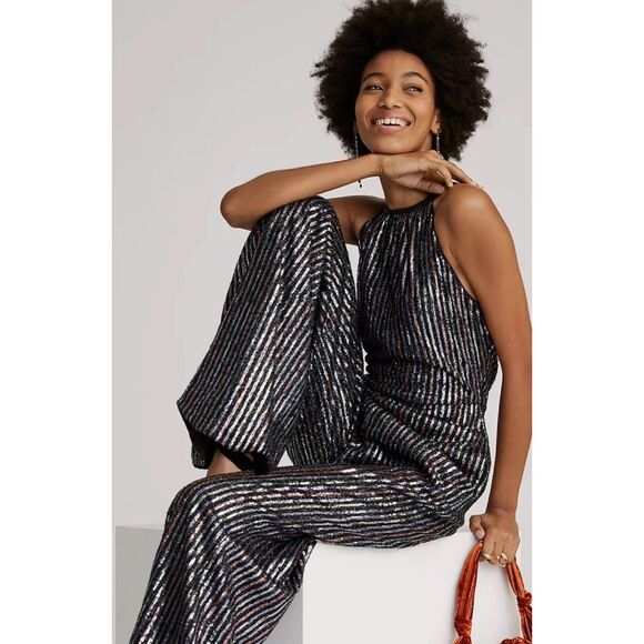 NWT Anthropologie Maeve Disco Halter Jumpsuit Sz 0 | Sequin Party NYE - Picture 4 of 8